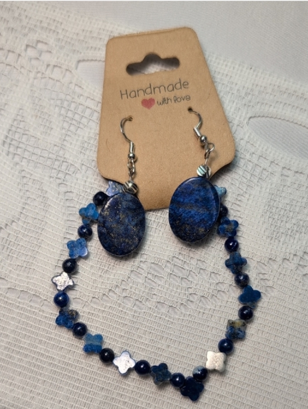 Handmade Lapis Lazuli Natural Gemstone Stretch Bracelet With Matching Earrings